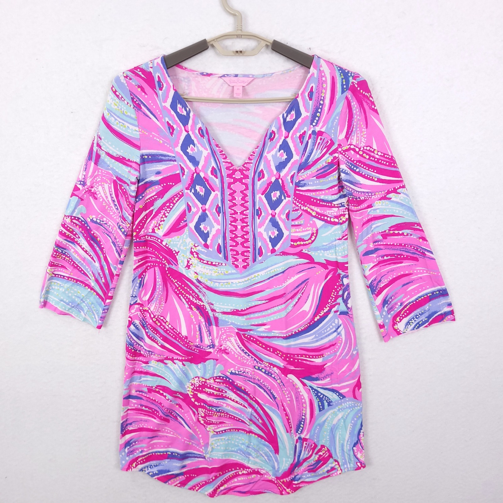 Lilly Pulitzer Sophie Dress Womens Xs Pink Blue Tropical 3/4 Sleeve Upf 50+